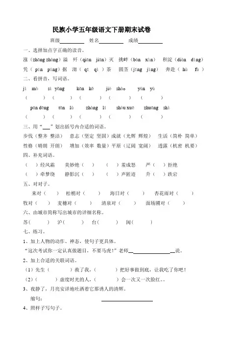 民族小学五年级语文下册期末试卷