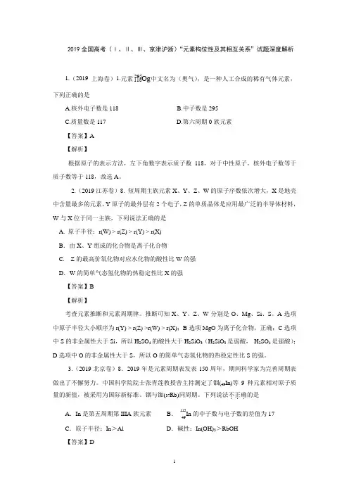 2019全国高考化学真题深度解析：(Ⅰ、Ⅱ、Ⅲ、京津沪浙)元素构位性相互关系试题