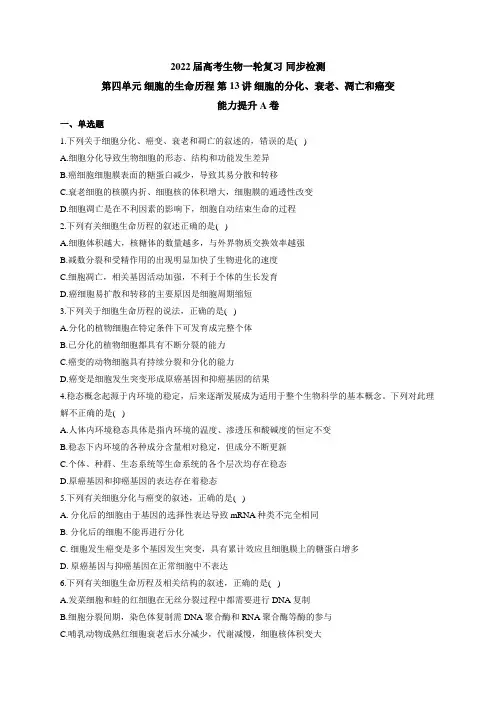 高考生物一轮复习第四单元 细胞的生命历程 第13讲 细胞的分化、衰老、凋亡和癌变 能力提升A卷