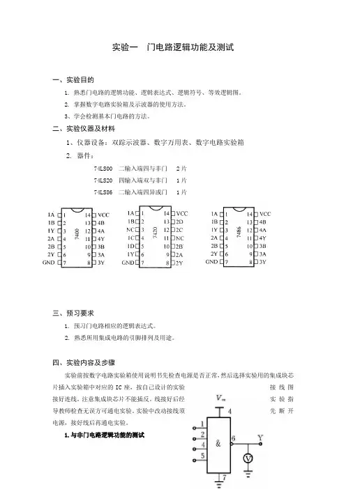 门电路逻辑功能及测试