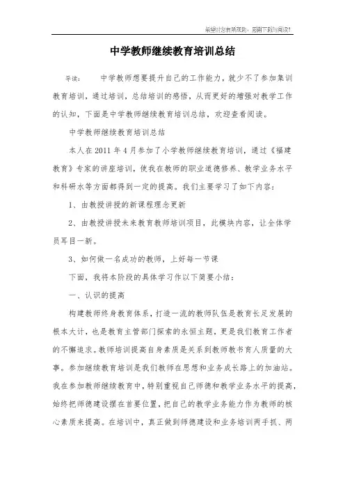中学教师继续教育培训总结