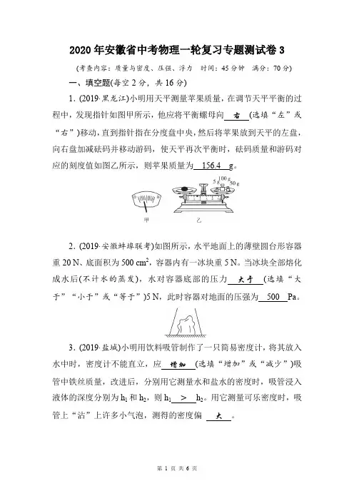 2020年安徽省中考物理一轮复习专题测试卷3(含答案)