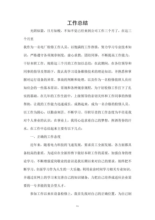 电厂检修工作人员工作总结范文