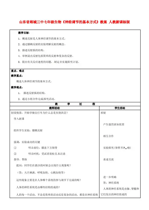 七年级生物《神经调节的基本方式》教案 人教新课标版