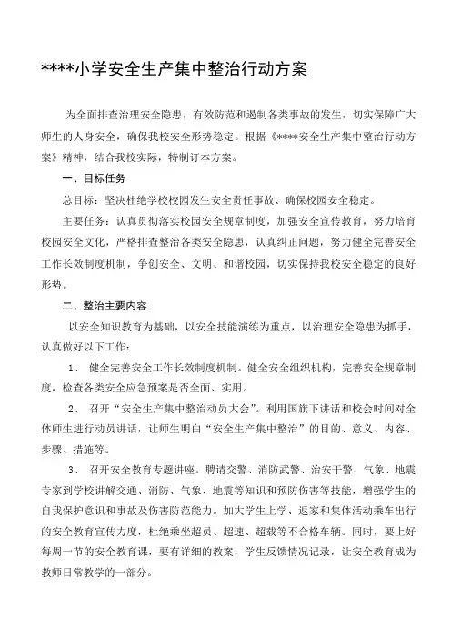 小学安全生产集中整治行动方案
