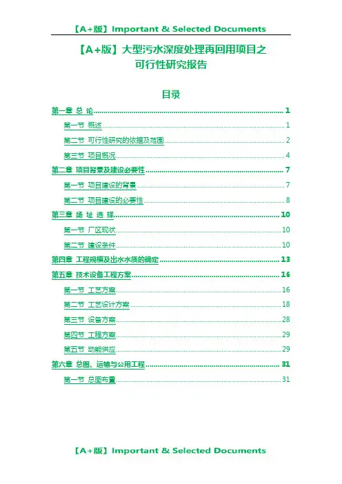 【A+版】大型污水深度处理再回用项目可行性研究报告