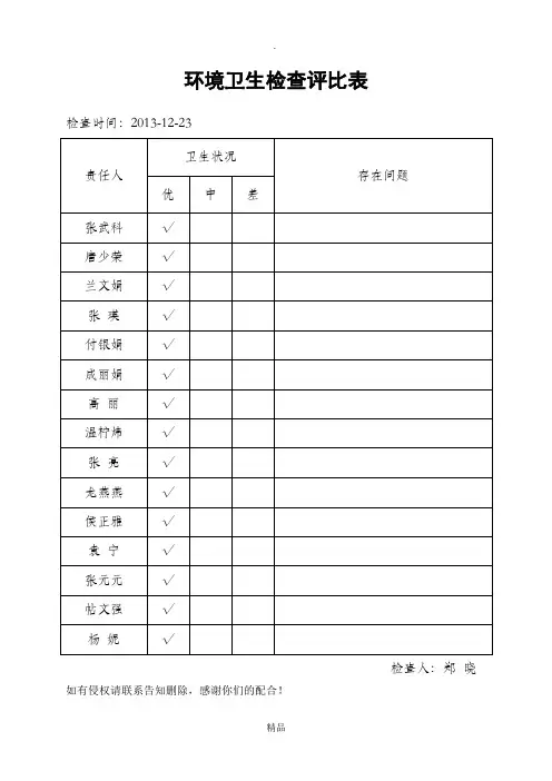 卫生院 环境卫生检查评比表