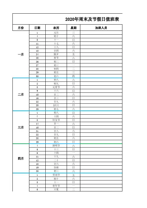 2020年周末及节假日值班表-2020年EXCEL日历-节假日发文通知
