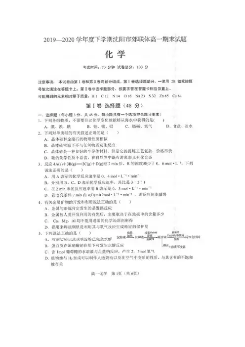 2019-2020学年辽宁省沈阳市郊联体高一下学期期末考试化学试题 扫描版