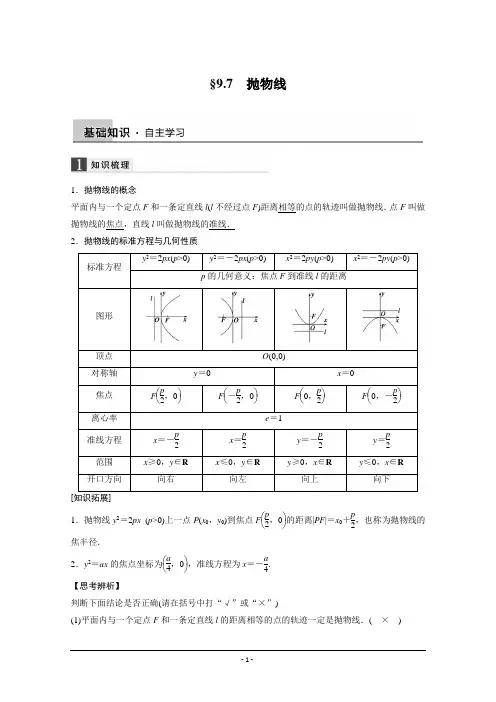 2016届《步步高》高考数学大一轮总复习(人教新课标文科)配套文档 9.7 直线与圆锥曲线的位置关系
