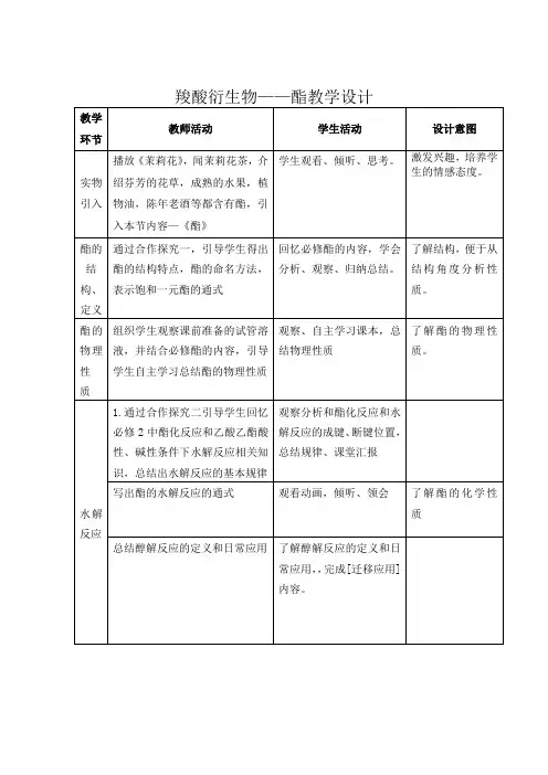 高中化学_ 羧酸衍生物——酯教学设计学情分析教材分析课后反思