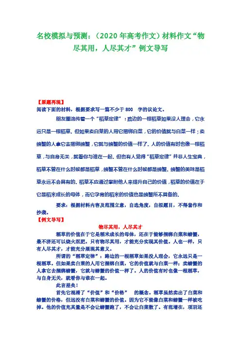名校模拟与预测：(2020年高考作文)材料作文“物尽其用,人尽其才”例文导写