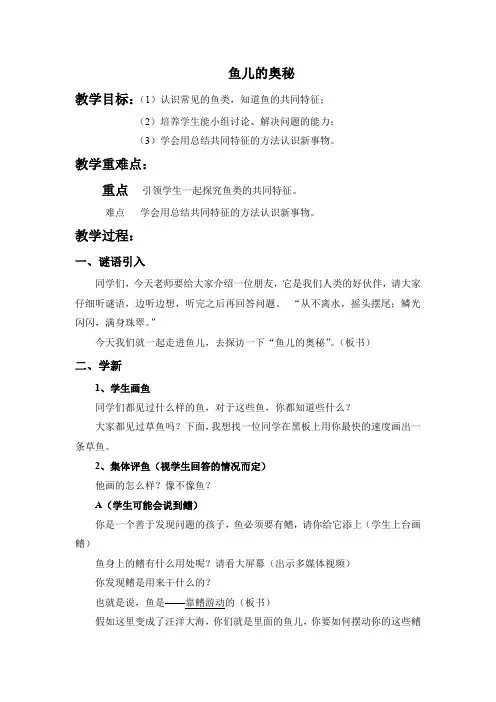 四年级上册科学教案-《4. 鱼儿的奥秘》 大象版