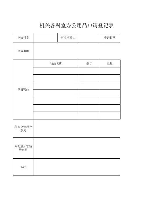机关各科室办公用品申请登记表