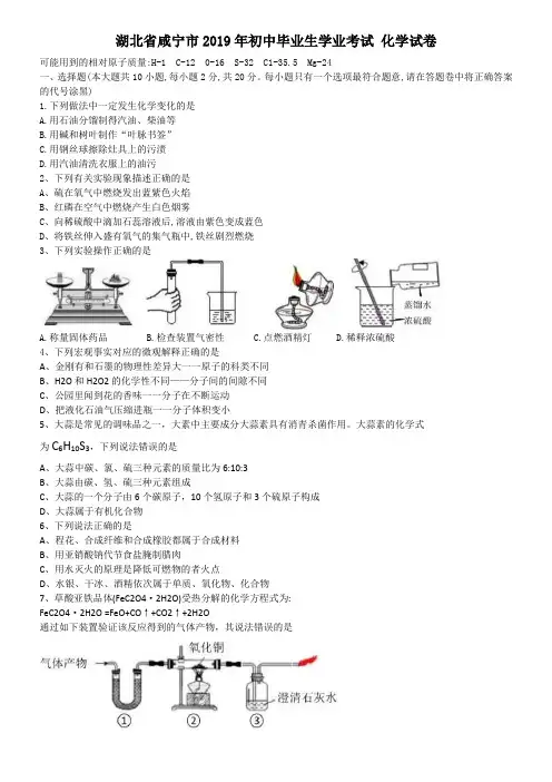 湖北省咸宁市2019年中考化学试卷