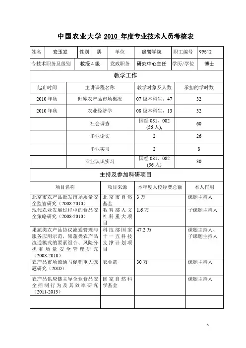中国农业大学2010年度专业技术人员考核表