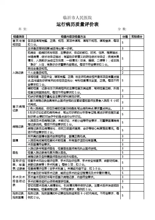 运行病历质量评价表(5本)