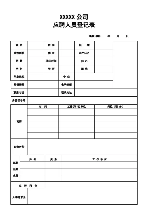 应聘人员登记表