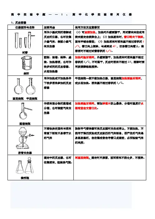 高中化学实验常用仪器