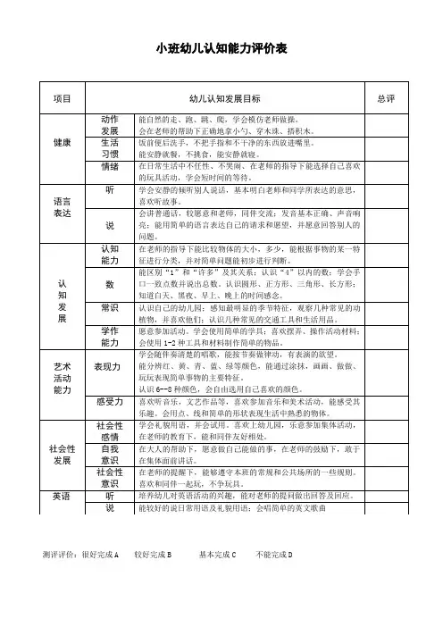 小班幼儿认知能力评价表