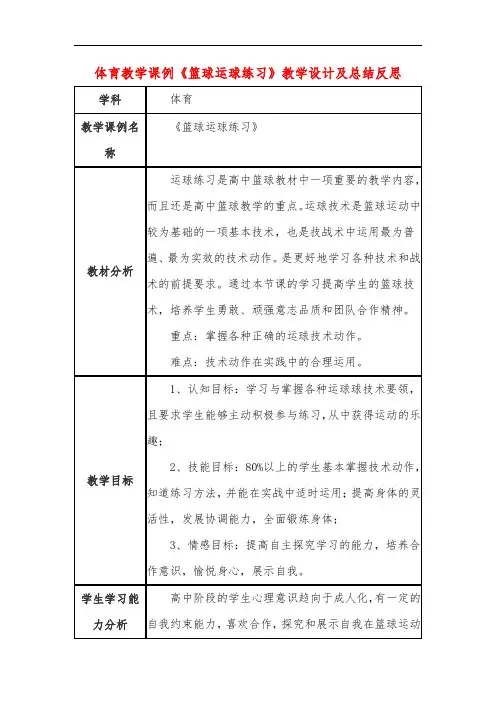 高中体育教学课例《篮球运球练习》课程思政核心素养教学设计及总结反思