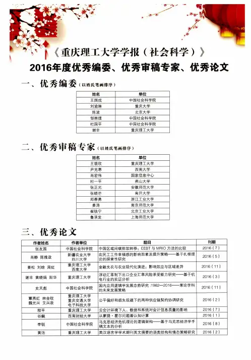 《重庆理工大学学报(社会科学)》2016年度优秀编委、优秀审稿专