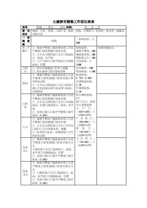 土建移交精装工作面记录表
