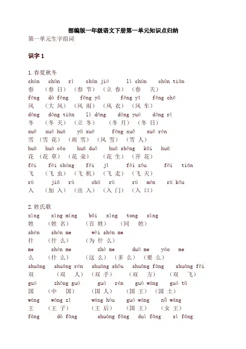 2020年部编版一年级语文下册第一单元知识点归纳