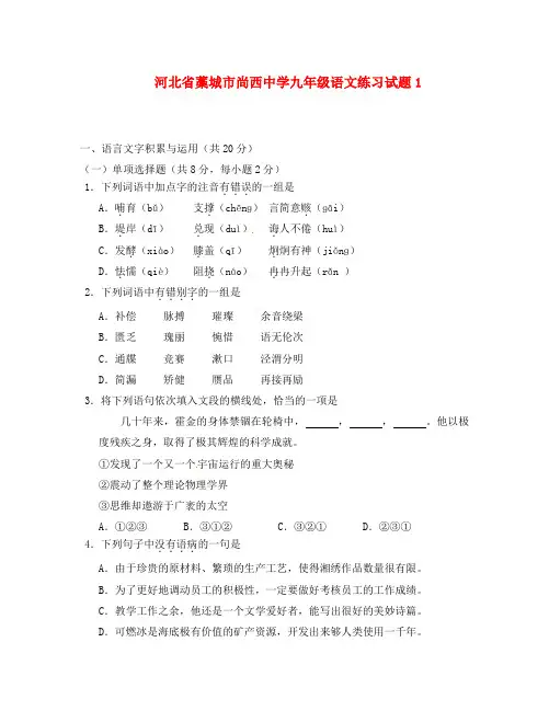 河北省藁城市尚西中学九年级语文练习试题1(无答案)