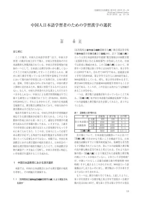 中国人日本语学习者のための学习汉字の选択