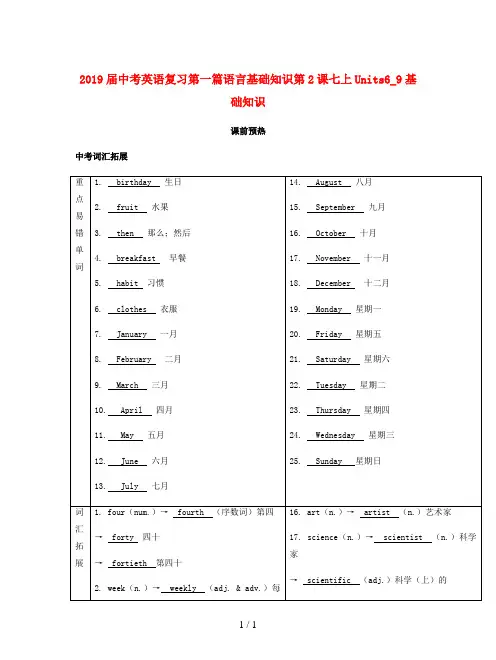 2019届中考英语复习第一篇语言基础知识第2课七上Units6_9基础知识