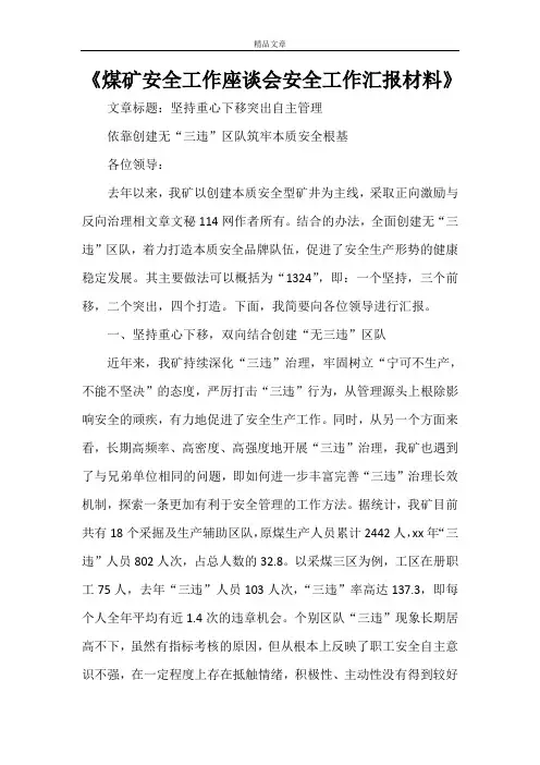 《煤矿安全工作座谈会安全工作汇报材料》