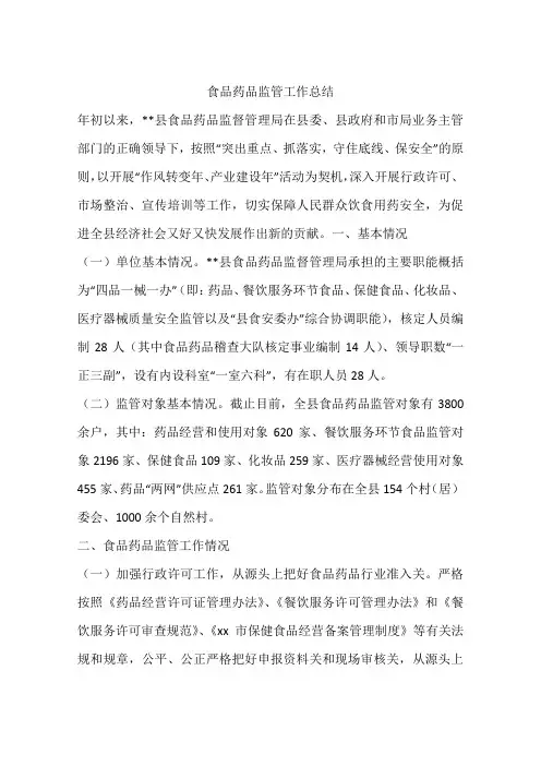 食品药品监管工作总结