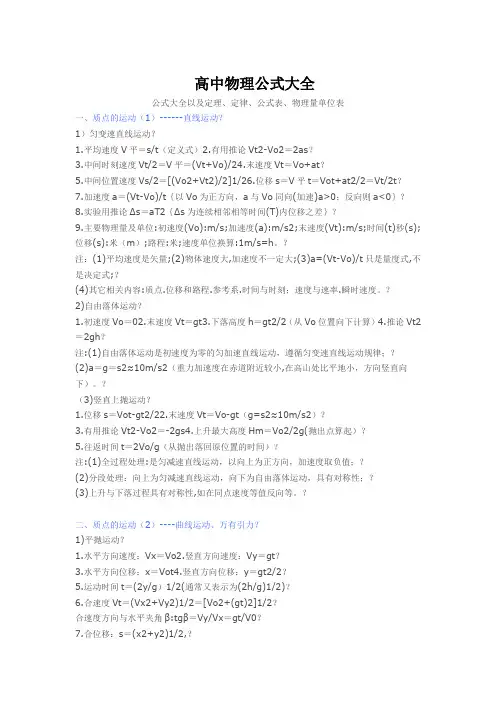 高中物理公式大全及物理量单位