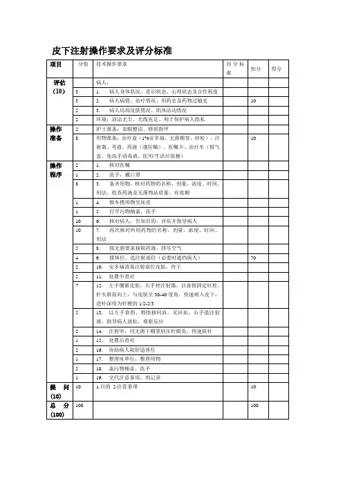 皮下注射操作要求及评分标准