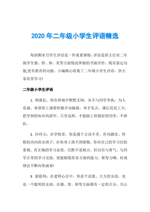 2020年二年级小学生评语精选