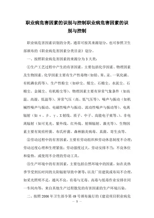 职业病危害因素的识别与控制职业病危害因素的识别与控制