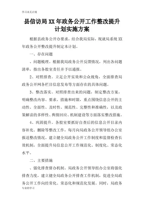 县信访局XX年政务公开工作整改提升计划具体实施措施和解决方案