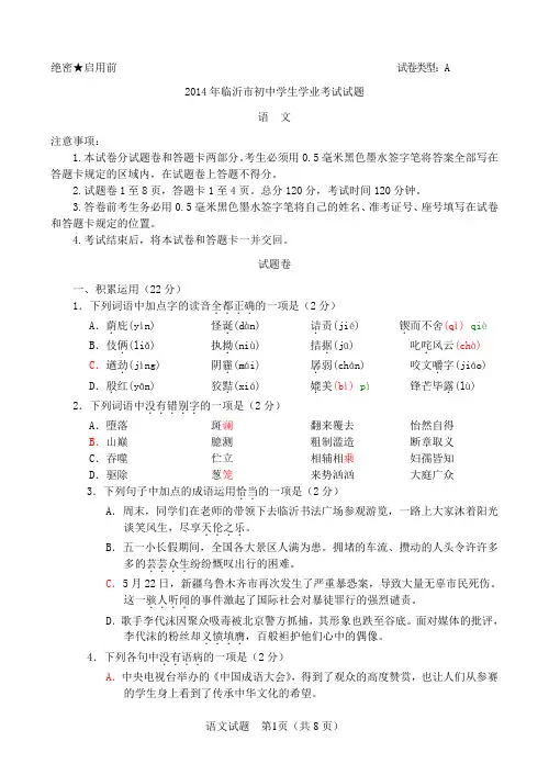 山东临沂2014中考语文试题及答案