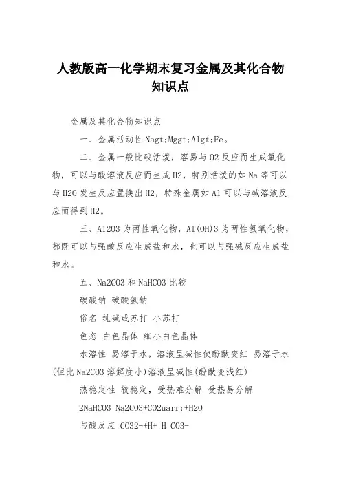 人教版高一化学期末复习金属及其化合物知识点