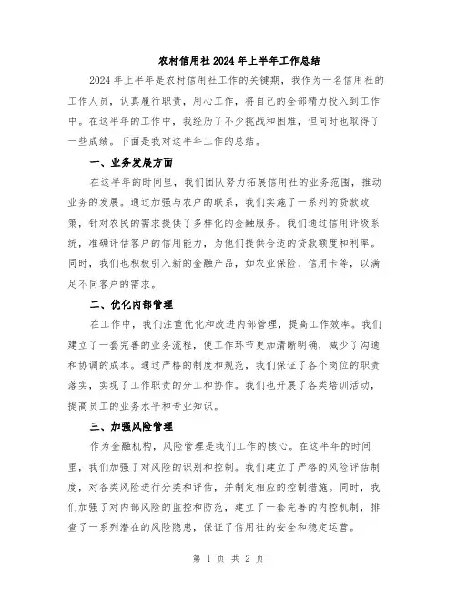 农村信用社2024年上半年工作总结