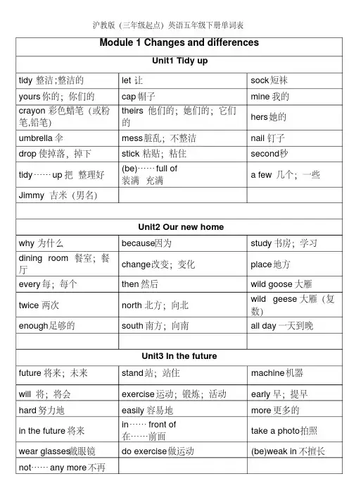 沪教版(三年级起点)英语五年级下册单词表