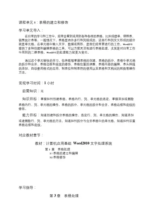 Word单元5_表格的建立和修饰(第3章)