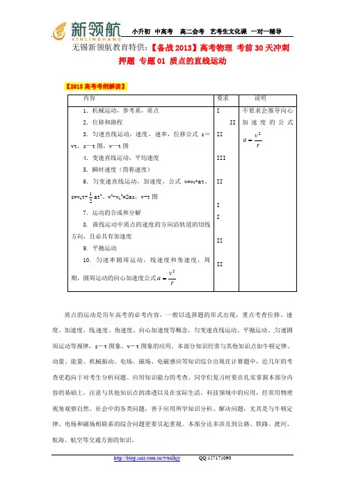 无锡新领航教育特供：【备战2013】高考物理 考前30天冲刺押题 专题01 质点的直线运动