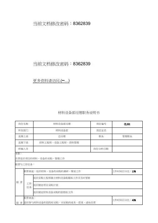 2020年(岗位职责)材料设备部经理岗位说明书
