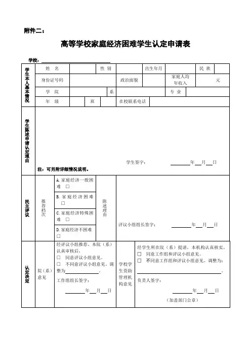 国家助学金申请表及家庭经济困难学生认定表