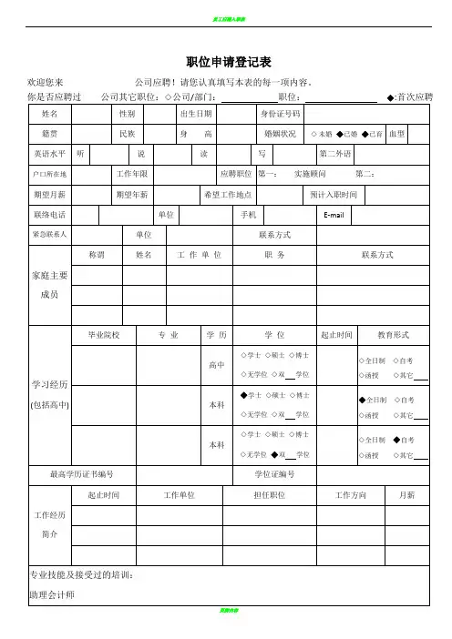 职位申请表模板 2