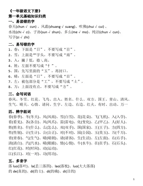 小学语文一年级下册单元基础知识归类