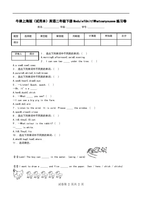 牛津上海版(试用本)英语二年级下册Module1Unit1Whatcanyousee练习卷.doc