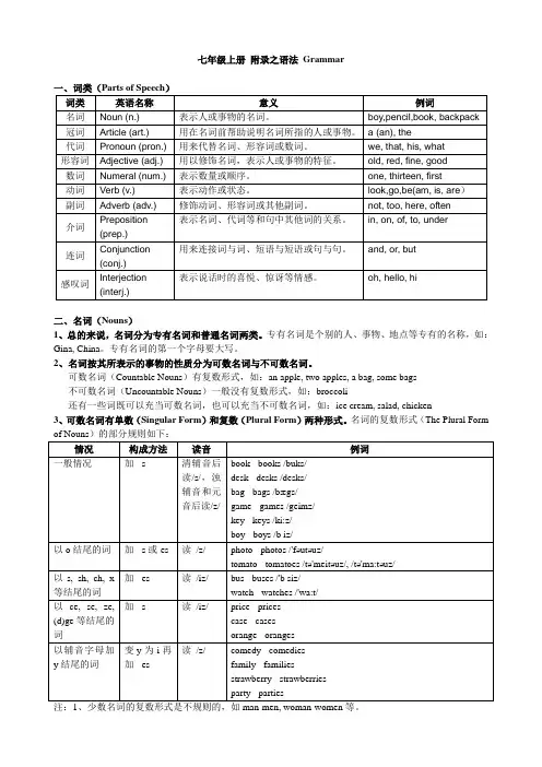 新目标英语 七年级上册 附录 语法Grammar 完全版